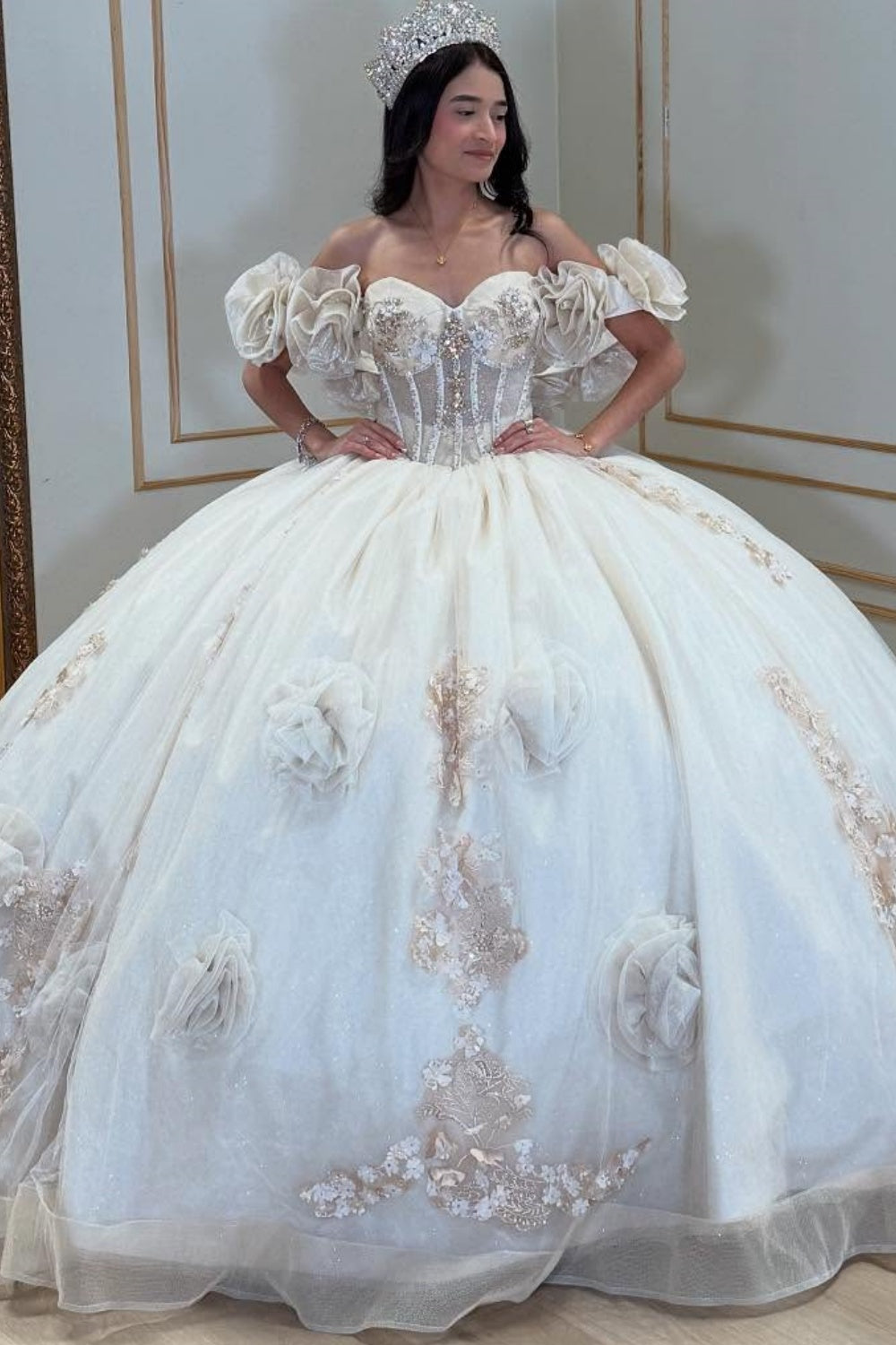 Off Shoulder Sleeveless Beaded 3D Flower Appliques Quinceañera Dress YQ1031