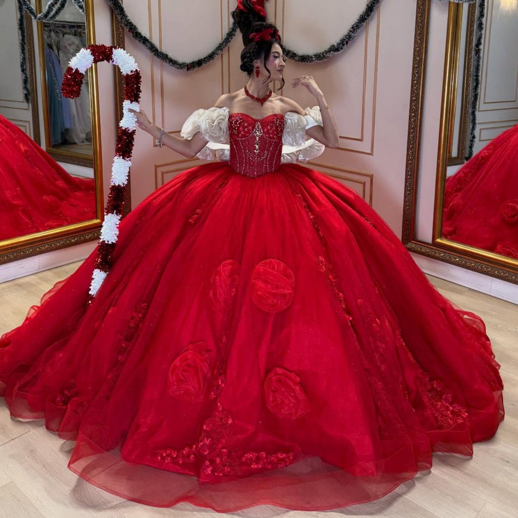 Off Shoulder Sleeveless Beaded 3D Flower Appliques Quinceañera Dress YQ1031