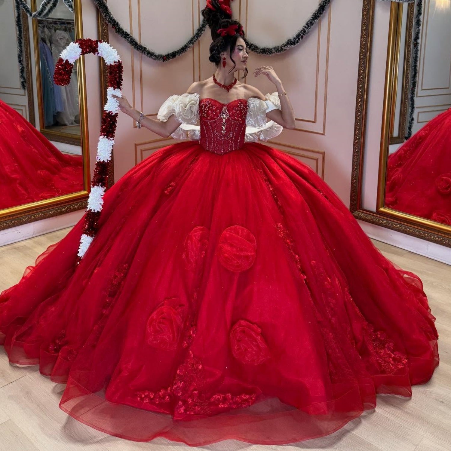 Off Shoulder Sleeveless Beaded 3D Flower Appliques Quinceañera Dress YQ1031