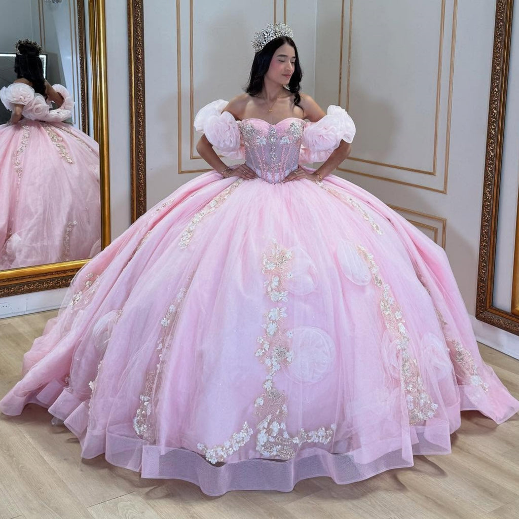 Off Shoulder Sleeveless Beaded 3D Flower Appliques Quinceañera Dress YQ1031