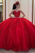Vestido de quinceañera rojo con apliques y abalorios sin hombros YQ1032