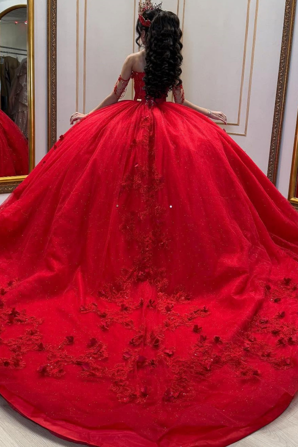 Vestido de quinceañera rojo con apliques y abalorios sin hombros YQ1032