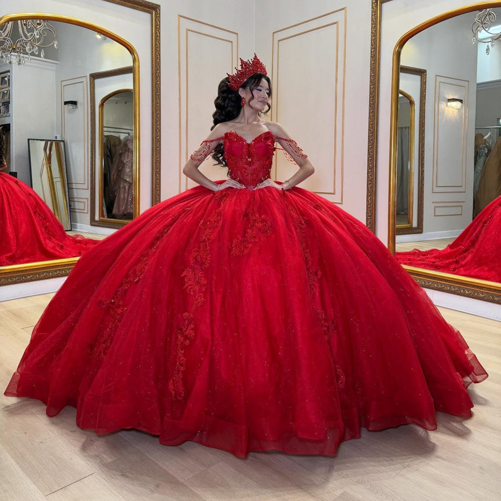 Vestido de quinceañera rojo con apliques y abalorios sin hombros YQ1032