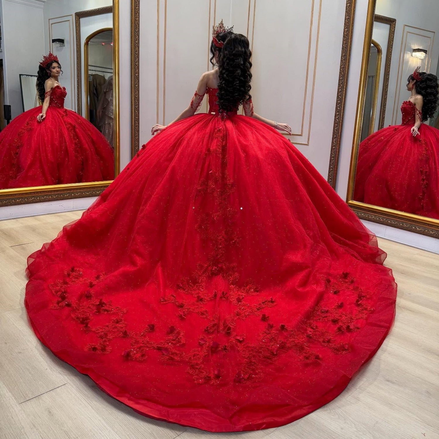 Vestido de quinceañera rojo con apliques y abalorios sin hombros YQ1032