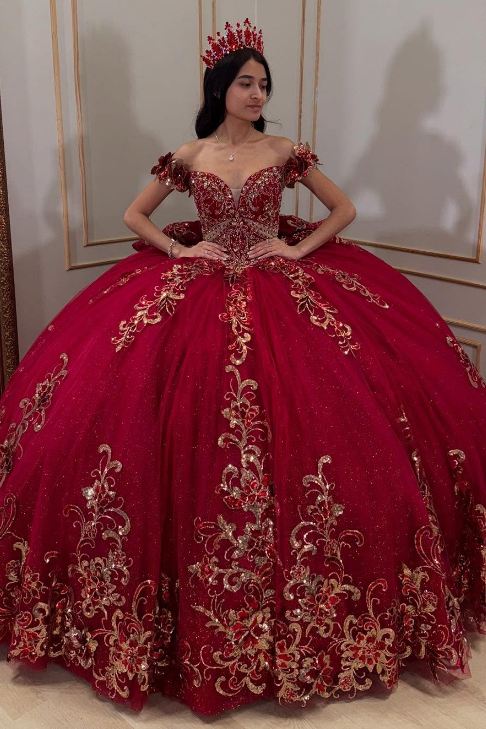 Vestido de Quinceañera con Hombros Descubiertos, sin Mangas, con Cuentas, Lentejuelas, Apliques y Lazo YQ1033
