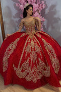 Off Shoulder Sleeveless Sequins Appliques Burgundy Glitter Quinceañera Dress YQ1034