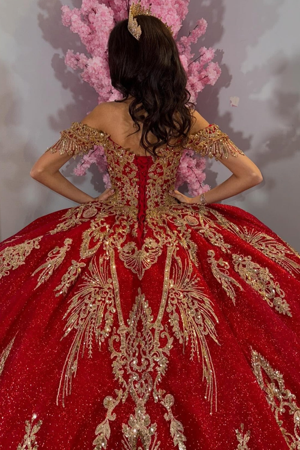 Off Shoulder Sleeveless Sequins Appliques Burgundy Glitter Quinceañera Dress YQ1034