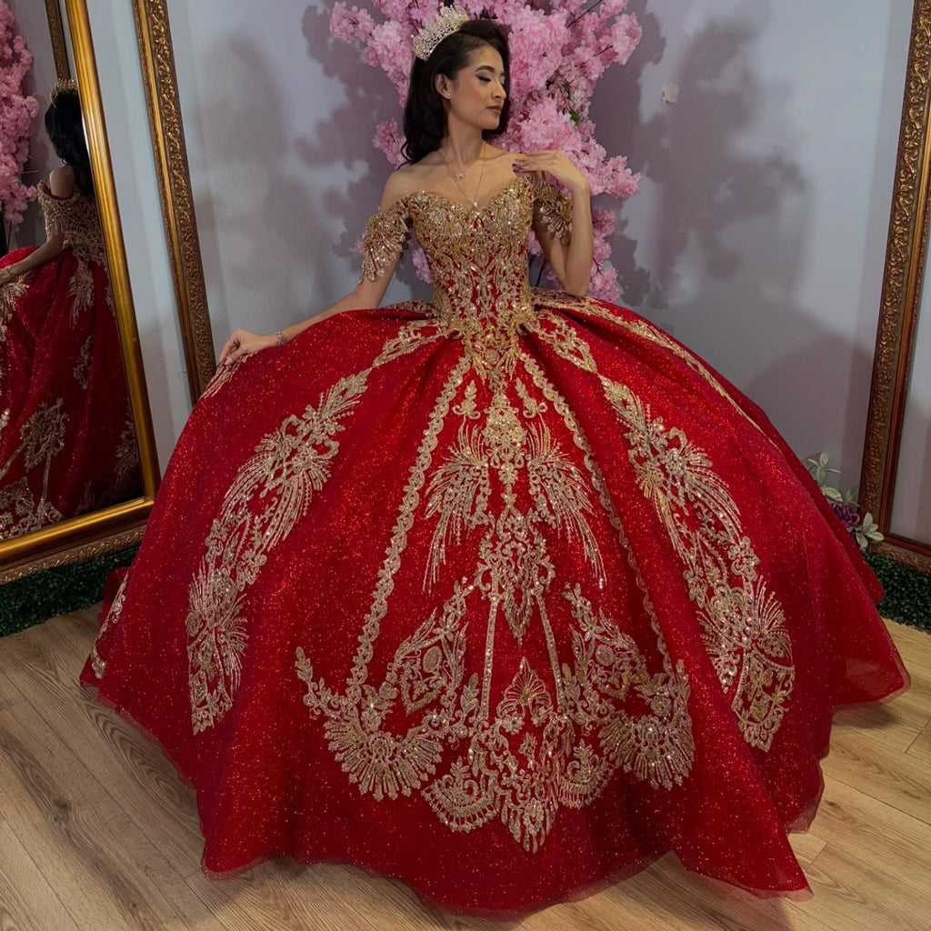 Off Shoulder Sleeveless Sequins Appliques Burgundy Glitter Quinceañera Dress YQ1034