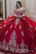Off Shoulder Sleeveless Beaded Gold Appliques Bow Knot Burgundy Quinceañera Dress YQ1035