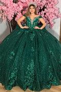 Off Shoulder Sleeveless Beaded Appliques Crystal Dark Green Quinceañera Dress YQ1036
