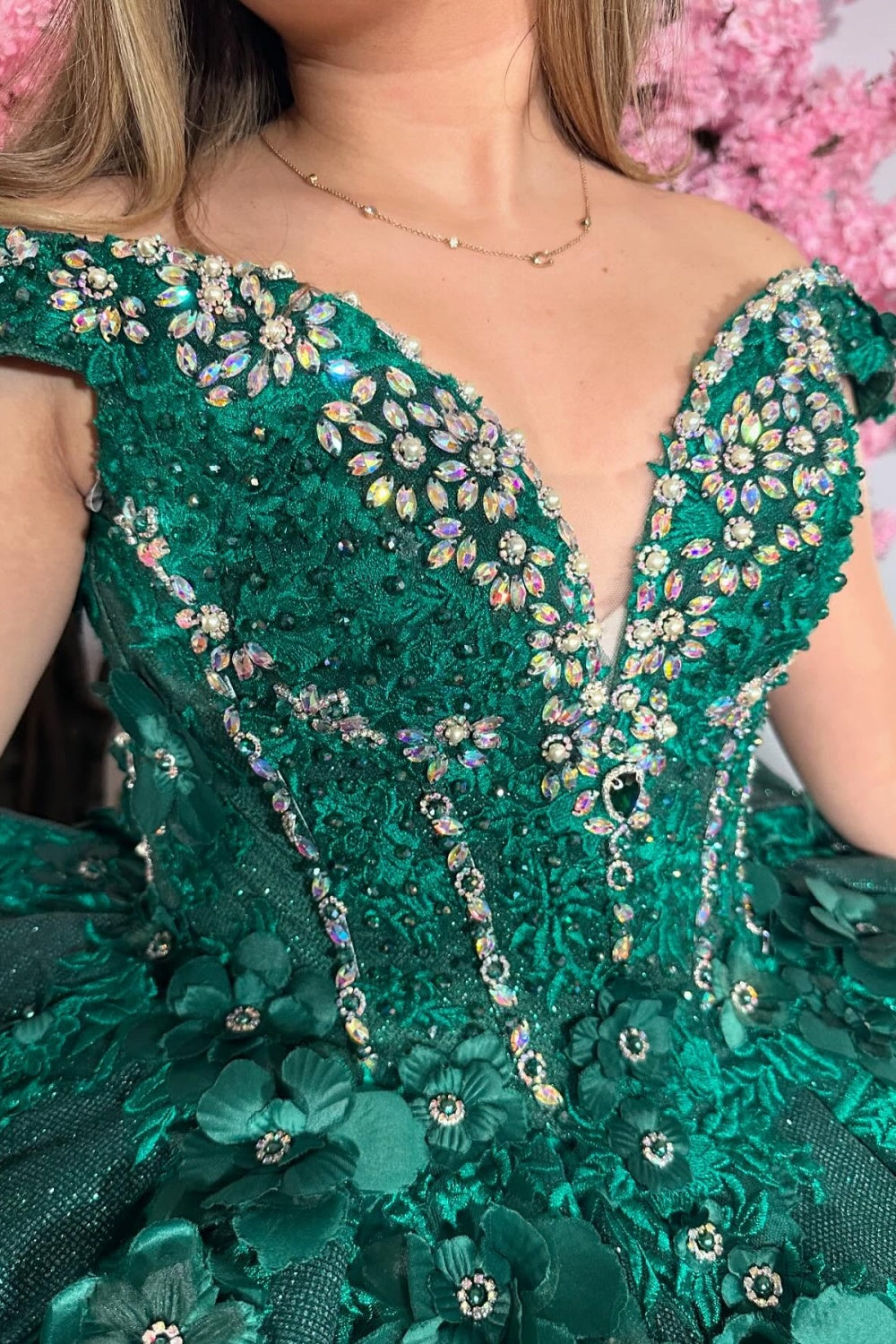 Off Shoulder Sleeveless Beaded Appliques Crystal Dark Green Quinceañera Dress YQ1036