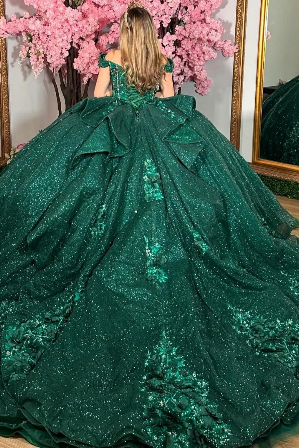 Off Shoulder Sleeveless Beaded Appliques Crystal Dark Green Quinceañera Dress YQ1036