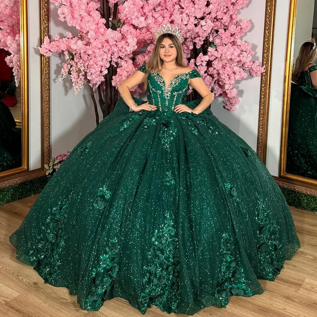 Off Shoulder Sleeveless Beaded Appliques Crystal Dark Green Quinceañera Dress YQ1036