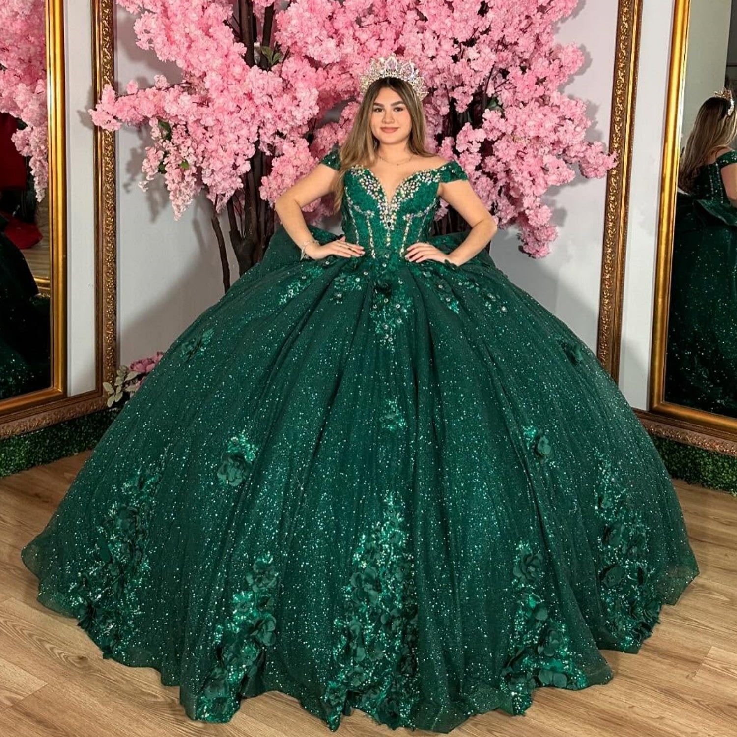 Off Shoulder Sleeveless Beaded Appliques Crystal Dark Green Quinceañera Dress YQ1036