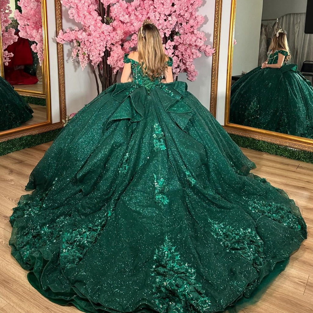 Off Shoulder Sleeveless Beaded Appliques Crystal Dark Green Quinceañera Dress YQ1036