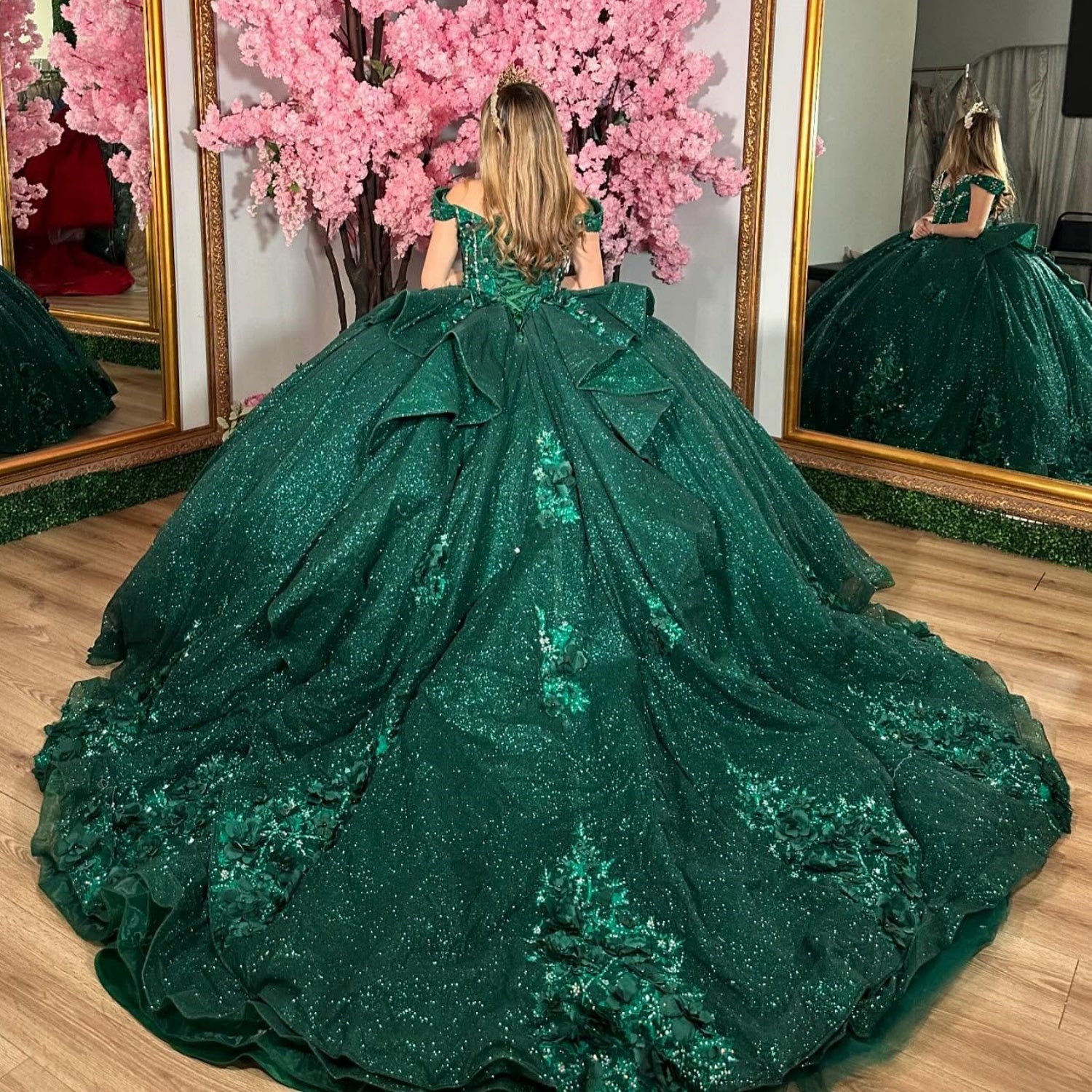 Off Shoulder Sleeveless Beaded Appliques Crystal Dark Green Quinceañera Dress YQ1036