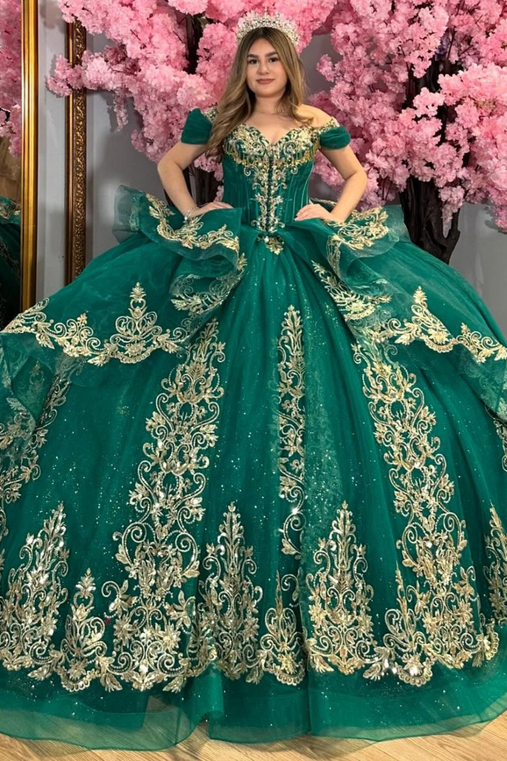 Vestido de Quinceañera YQ1037 de dos piezas con hombros descubiertos, sin mangas, con cuentas y lentejuelas