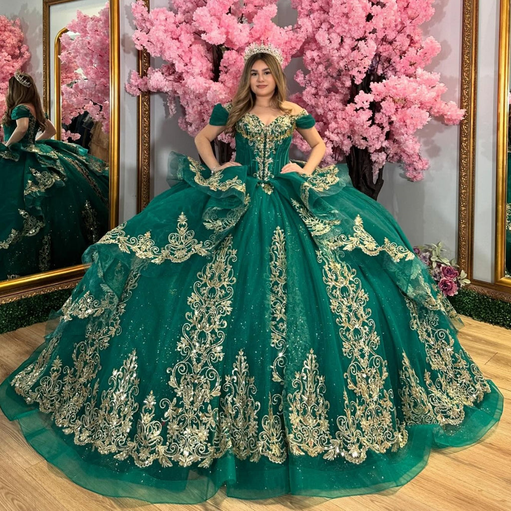 Vestido de Quinceañera YQ1037 de dos piezas con hombros descubiertos, sin mangas, con cuentas y lentejuelas
