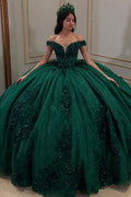 Off Shoulder Sleeveless Beaded Sequins Appliques Glitter Quinceañera Dress YQ1038
