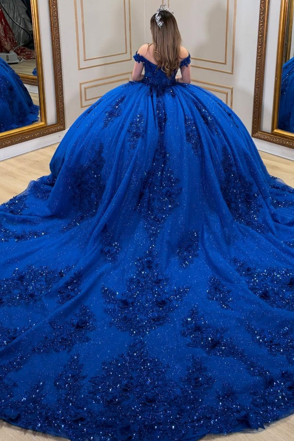 Off Shoulder Sleeveless Beaded Sequins Appliques Glitter Quinceañera Dress YQ1038