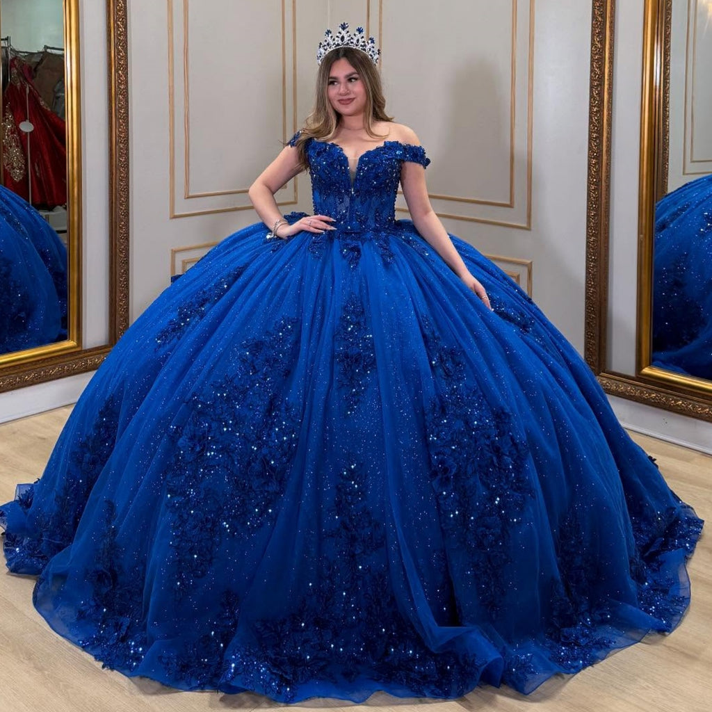 Off Shoulder Sleeveless Beaded Sequins Appliques Glitter Quinceañera Dress YQ1038