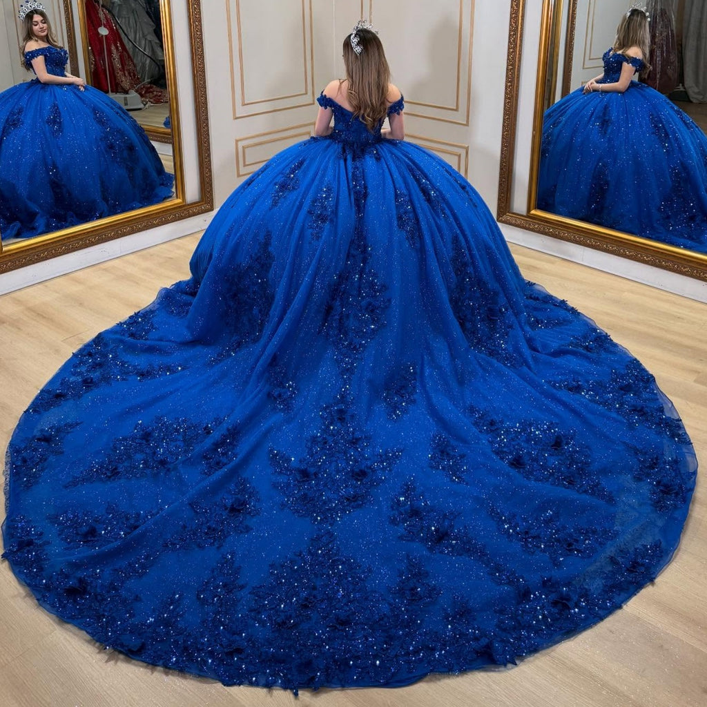 Off Shoulder Sleeveless Beaded Sequins Appliques Glitter Quinceañera Dress YQ1038