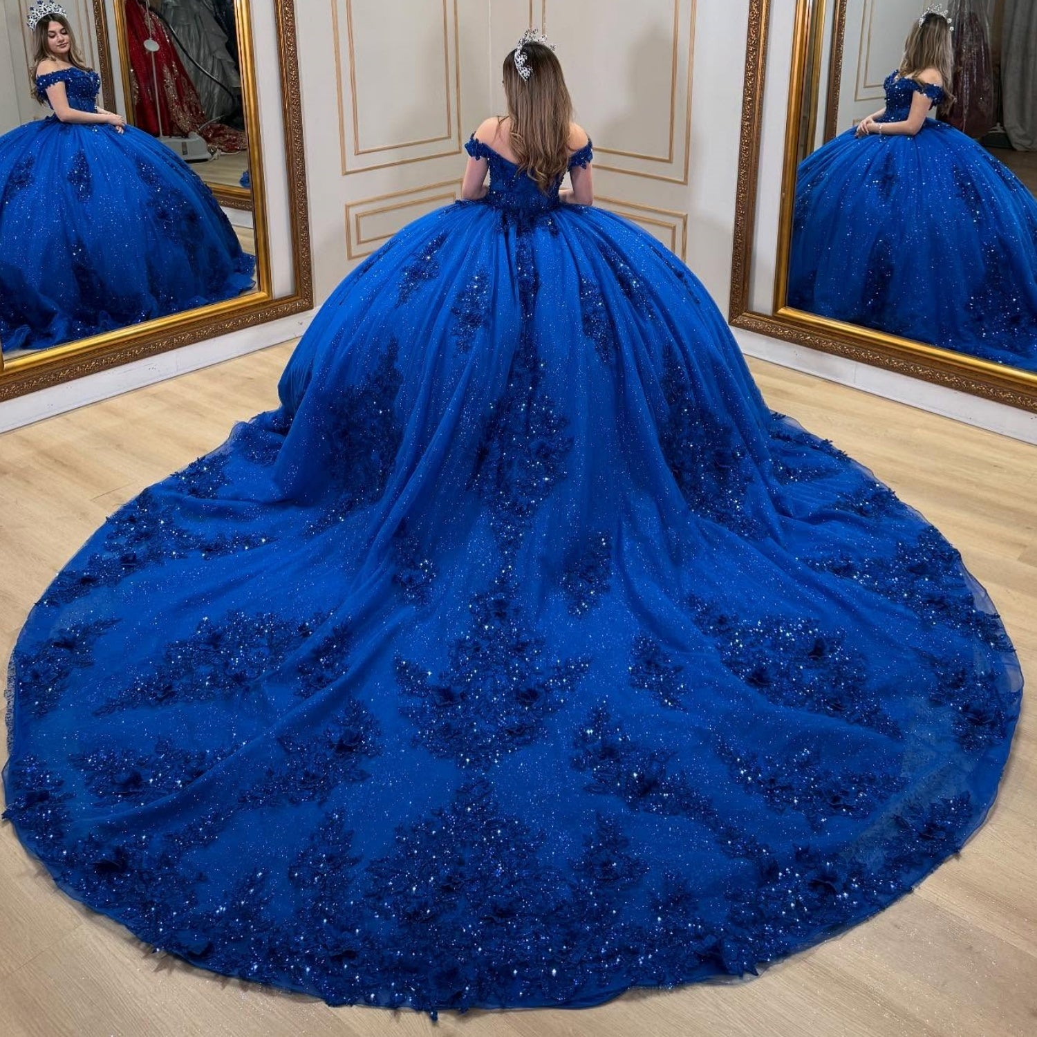 Off Shoulder Sleeveless Beaded Sequins Appliques Glitter Quinceañera Dress YQ1038