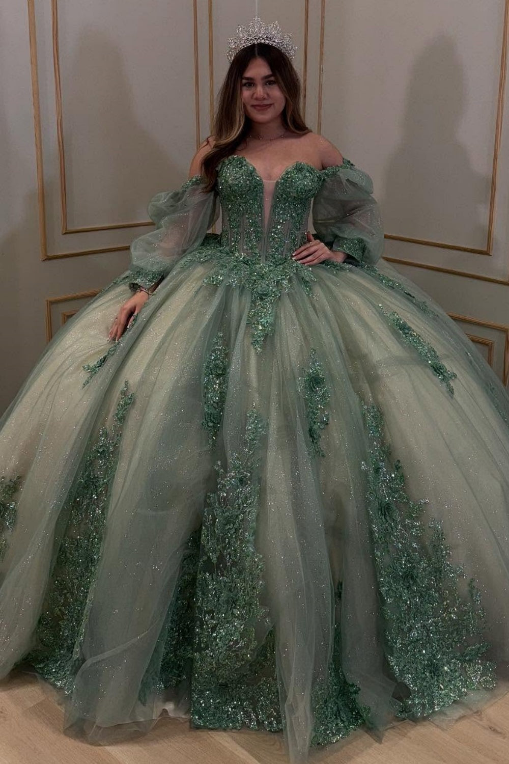 Off Shoulder Long Sleeves Beaded Sequins Appliques Green Quinceañera Dress YQ1039