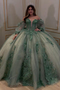 Off Shoulder Long Sleeves Beaded Sequins Appliques Green Quinceañera Dress YQ1039