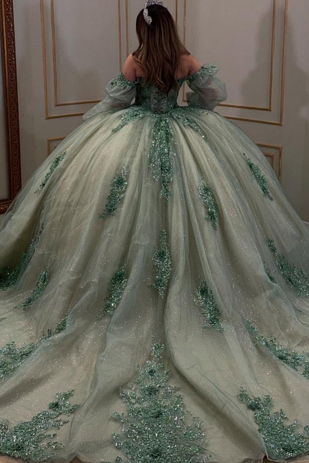 Off Shoulder Long Sleeves Beaded Sequins Appliques Green Quinceañera Dress YQ1039
