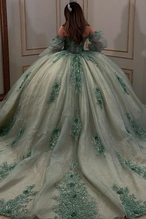 Off Shoulder Long Sleeves Beaded Sequins Appliques Green Quinceañera Dress YQ1039