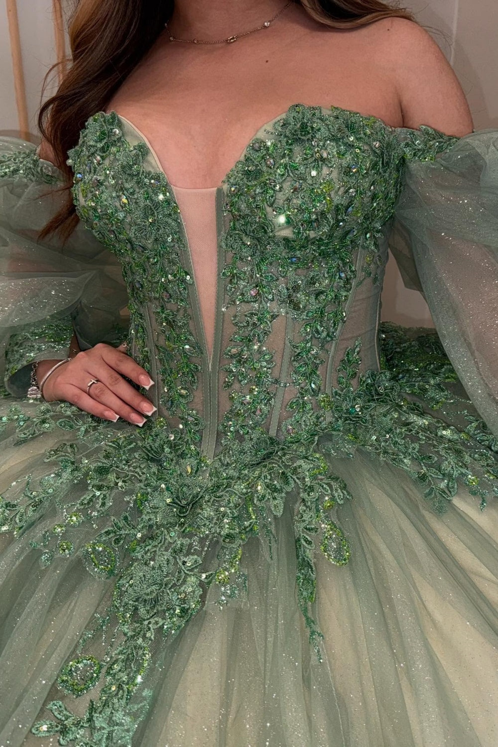 Off Shoulder Long Sleeves Beaded Sequins Appliques Green Quinceañera Dress YQ1039