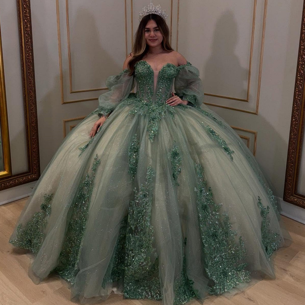 Off Shoulder Long Sleeves Beaded Sequins Appliques Green Quinceañera Dress YQ1039