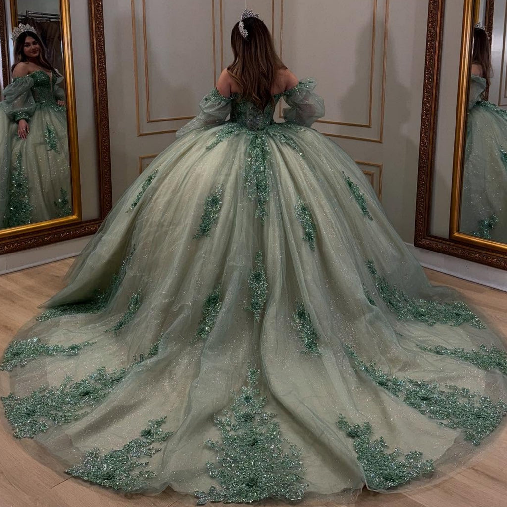Off Shoulder Long Sleeves Beaded Sequins Appliques Green Quinceañera Dress YQ1039