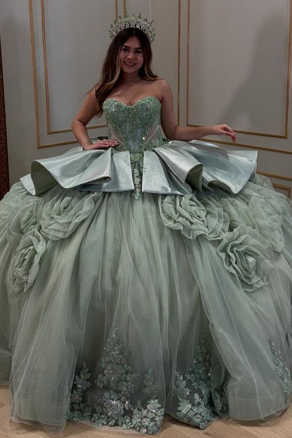 Sweetheart Sleeveless Beaded Appliques 3D Flower Green Quinceañera Dress YQ1040