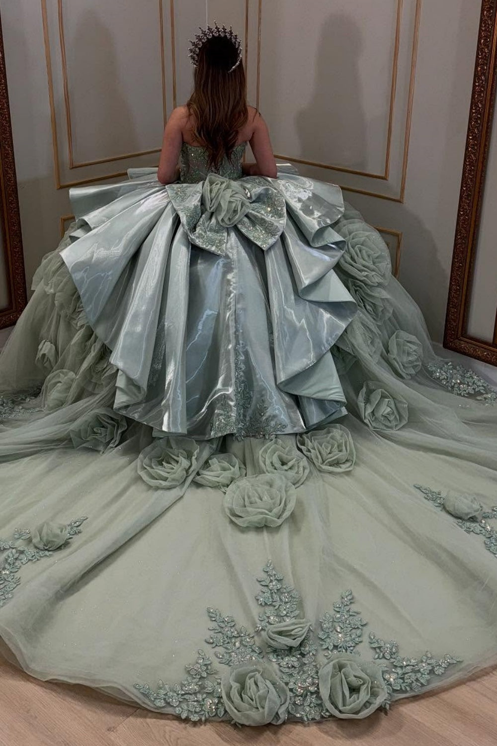 Sweetheart Sleeveless Beaded Appliques 3D Flower Green Quinceañera Dress YQ1040
