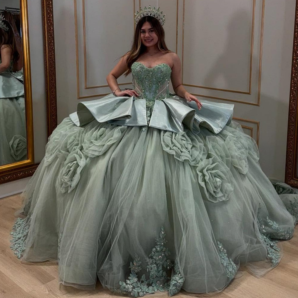 Sweetheart Sleeveless Beaded Appliques 3D Flower Green Quinceañera Dress YQ1040
