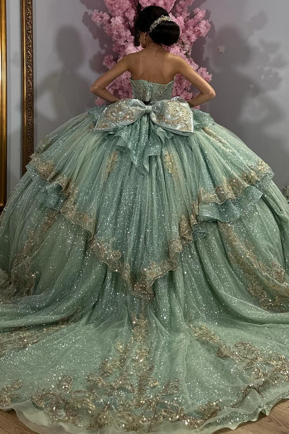 Strapless Sleeveless Beaded Ruffles Bow Knot Rose Gold Quinceañera Dress YQ1041