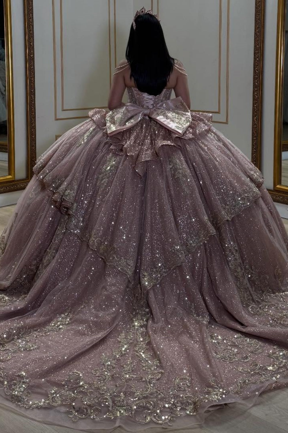 Strapless Sleeveless Beaded Ruffles Bow Knot Rose Gold Quinceañera Dress YQ1041