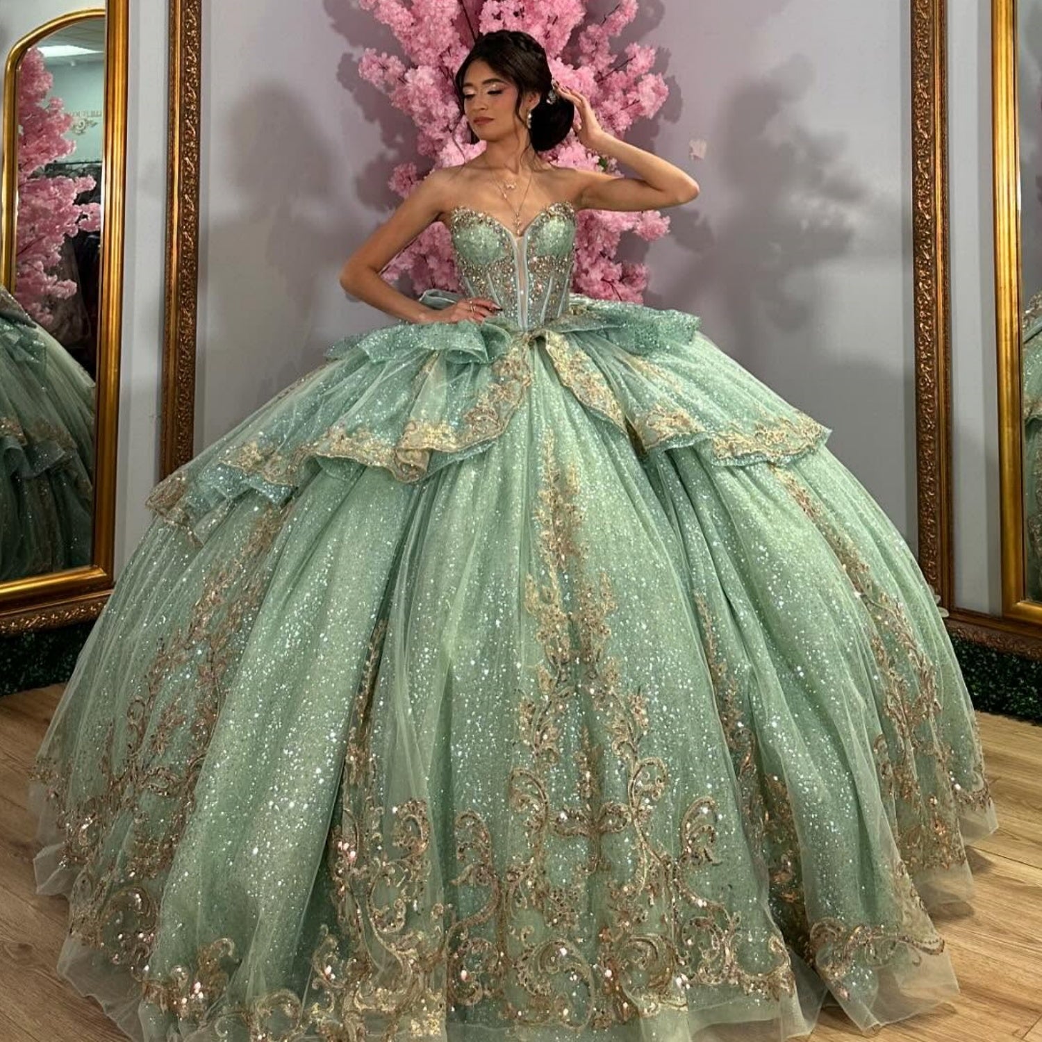 Strapless Sleeveless Beaded Ruffles Bow Knot Rose Gold Quinceañera Dress YQ1041