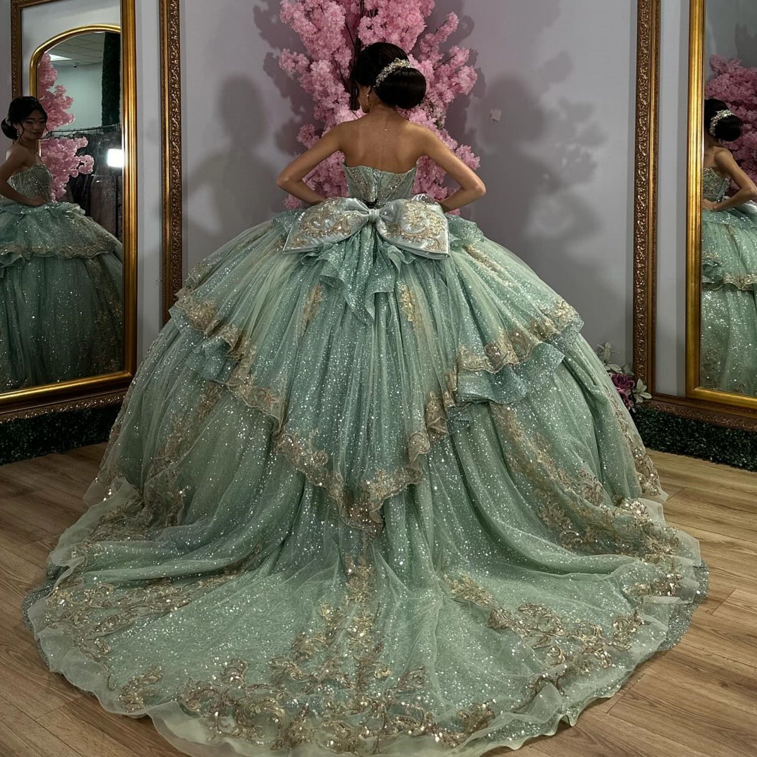 Strapless Sleeveless Beaded Ruffles Bow Knot Rose Gold Quinceañera Dress YQ1041