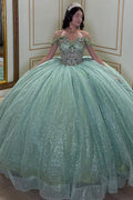 Vestido de Quinceañera Verde Brillante con Lentejuelas, Cuentas, Sin Hombros y sin Mangas YQ1042