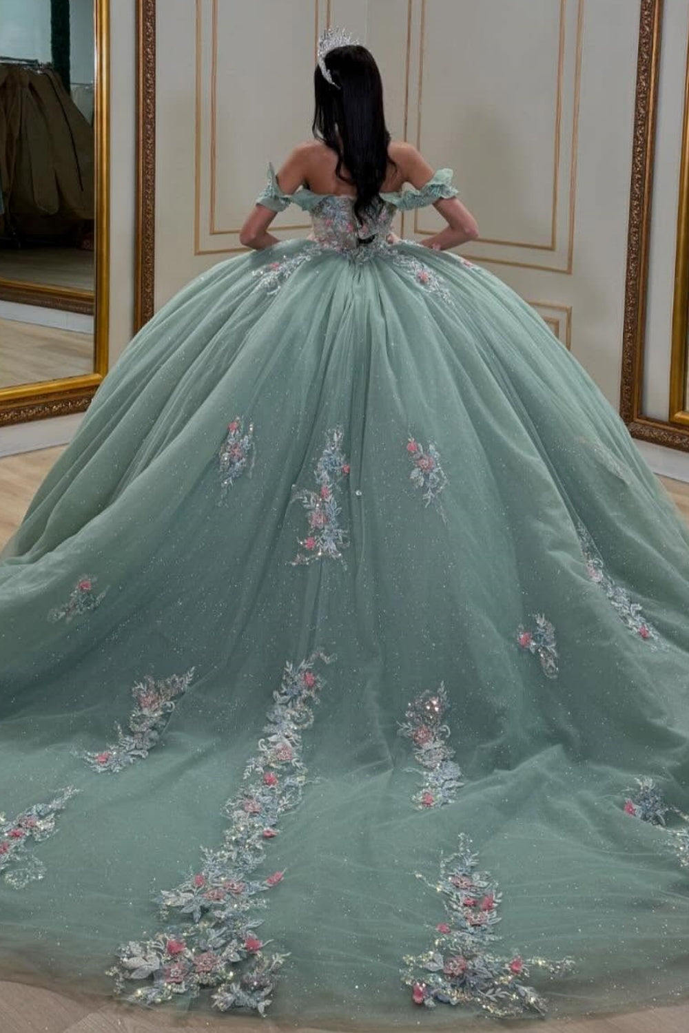 Off Shoulder Sleeveless Beaded 3D Flower Appliques Mint Green Quinceañera Dress YQ1043