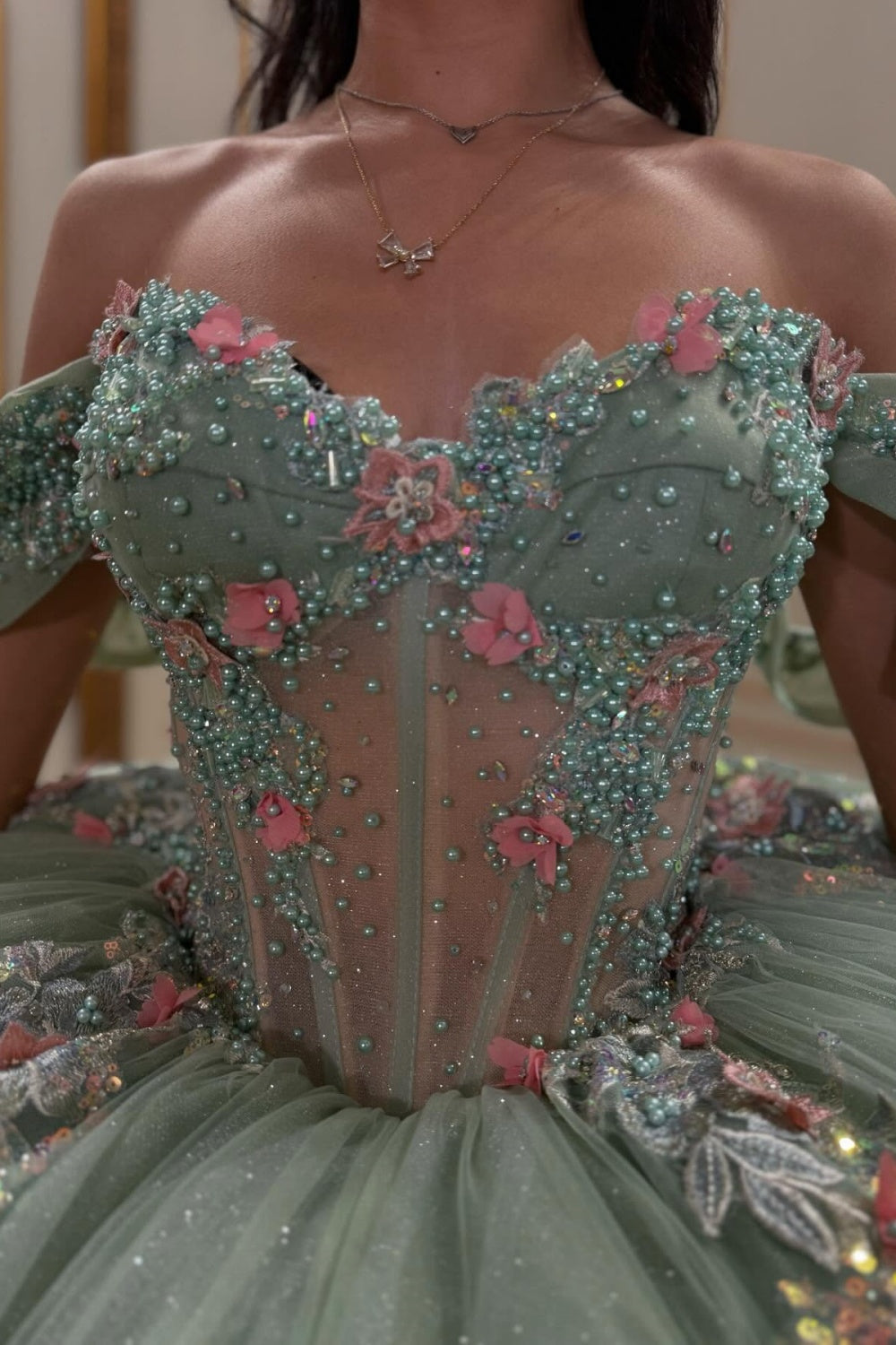 Off Shoulder Sleeveless Beaded 3D Flower Appliques Mint Green Quinceañera Dress YQ1043