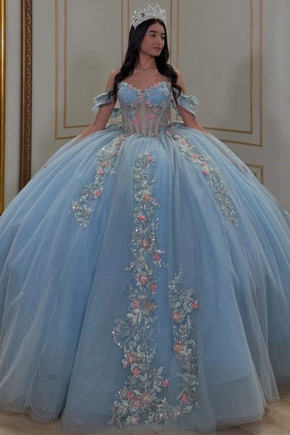 Off Shoulder Sleeveless Beaded 3D Flower Appliques Mint Green Quinceañera Dress YQ1043