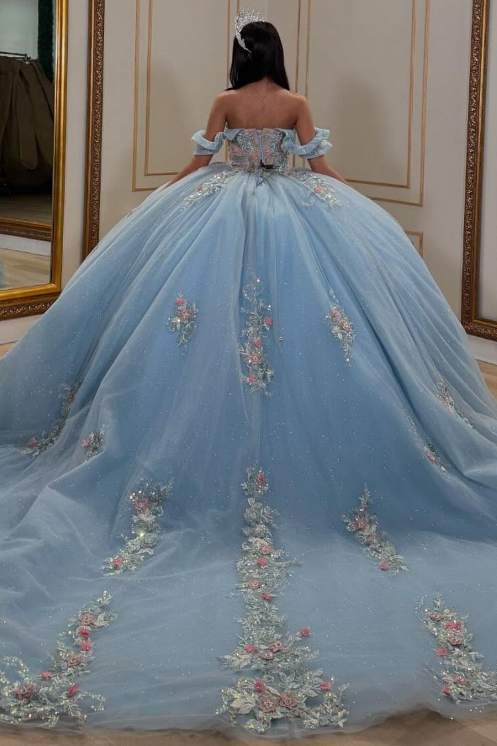 Off Shoulder Sleeveless Beaded 3D Flower Appliques Mint Green Quinceañera Dress YQ1043