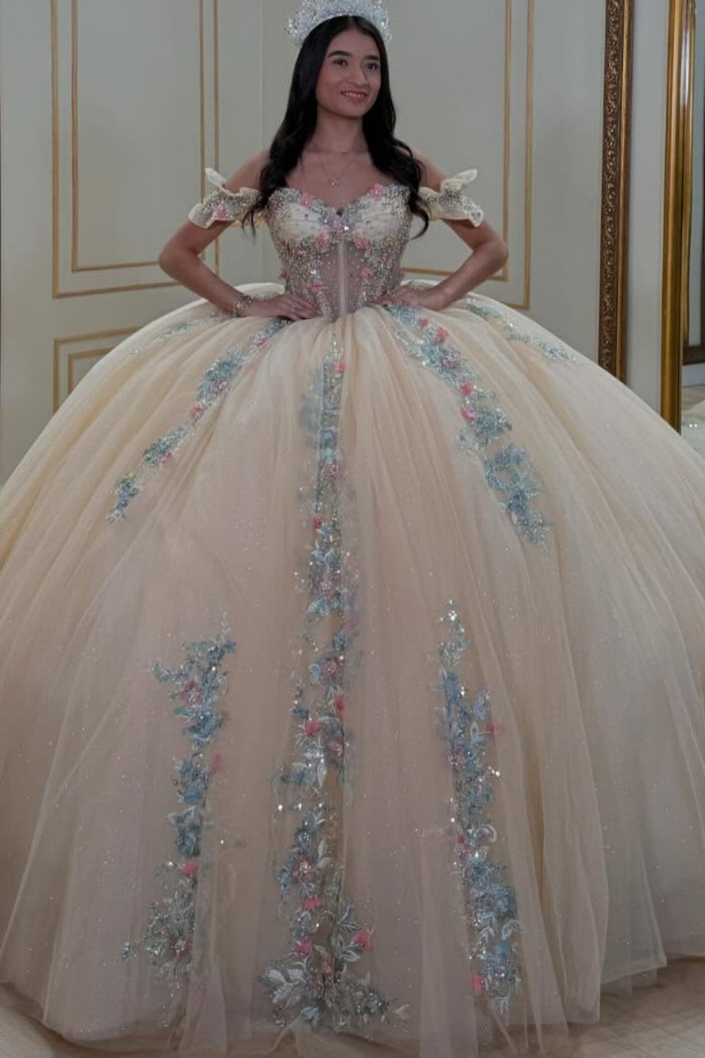 Off Shoulder Sleeveless Beaded 3D Flower Appliques Mint Green Quinceañera Dress YQ1043