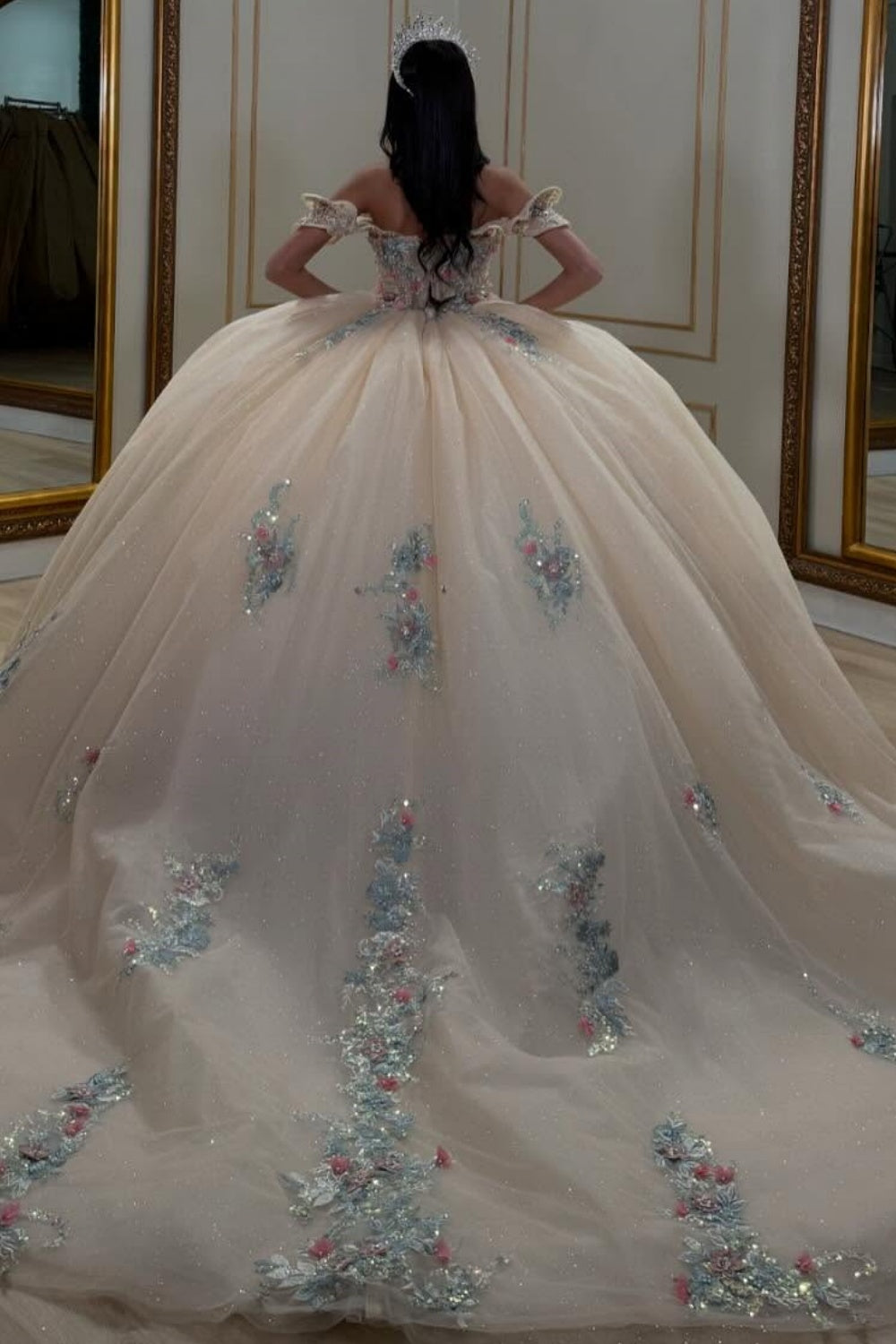 Off Shoulder Sleeveless Beaded 3D Flower Appliques Mint Green Quinceañera Dress YQ1043