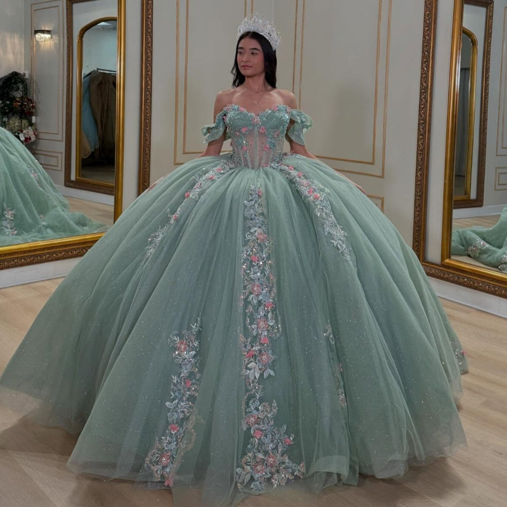 Off Shoulder Sleeveless Beaded 3D Flower Appliques Mint Green Quinceañera Dress YQ1043