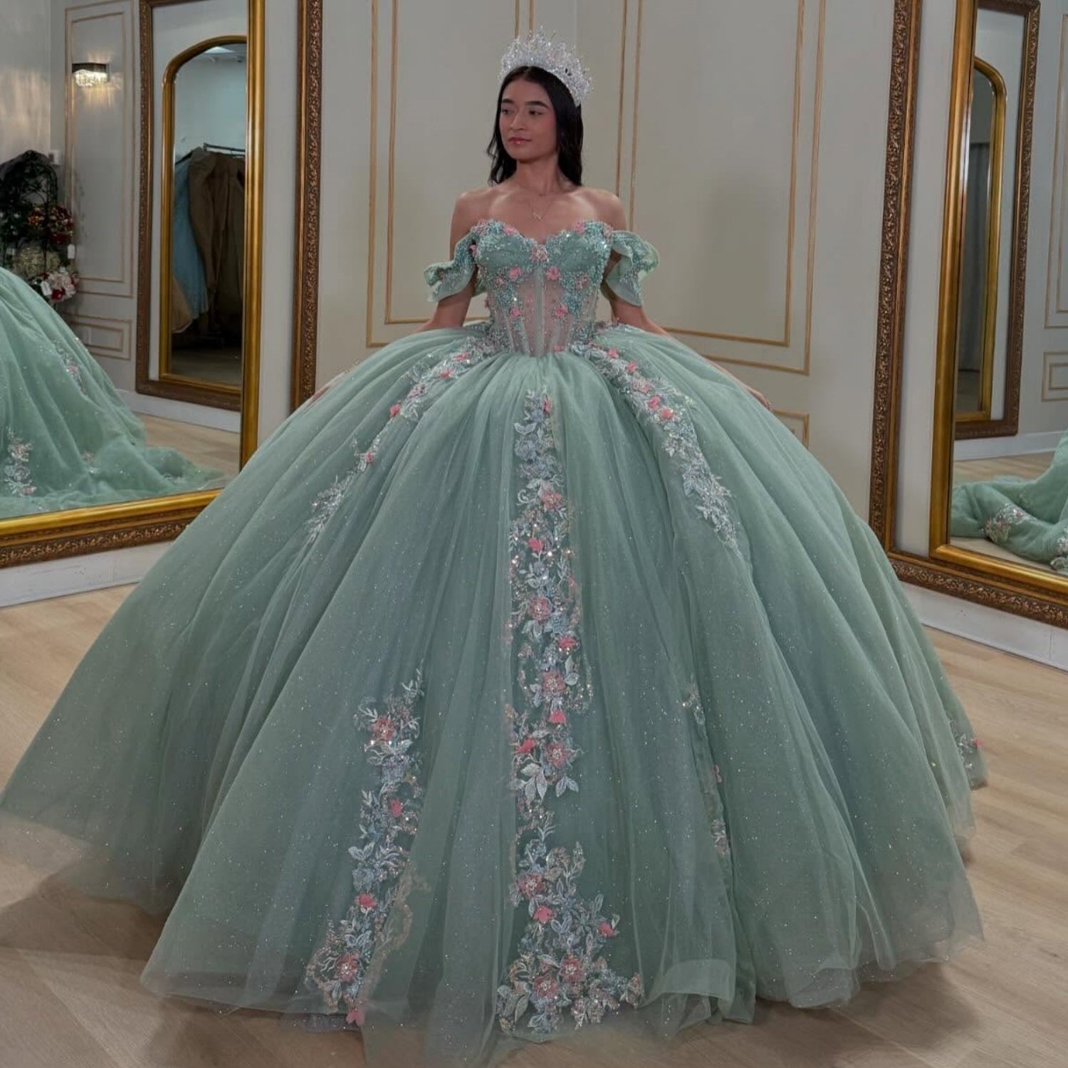 Off Shoulder Sleeveless Beaded 3D Flower Appliques Mint Green Quinceañera Dress YQ1043